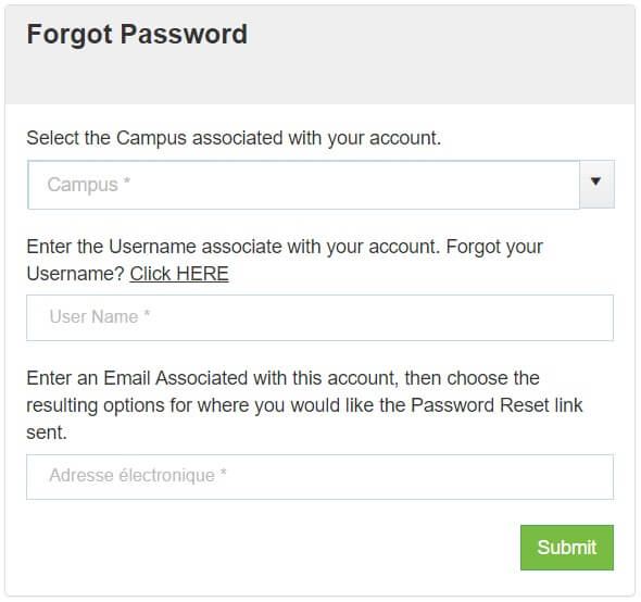 Miller Motte student portal password reset page