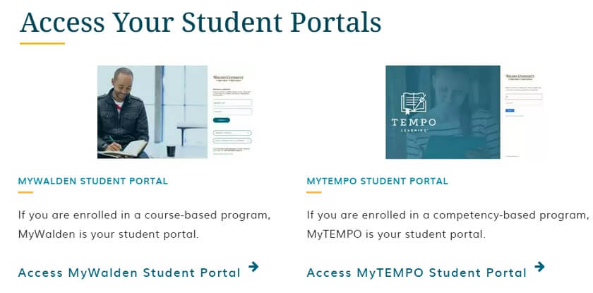 MyWalden and MyTempo Student portals link on Walden University website
