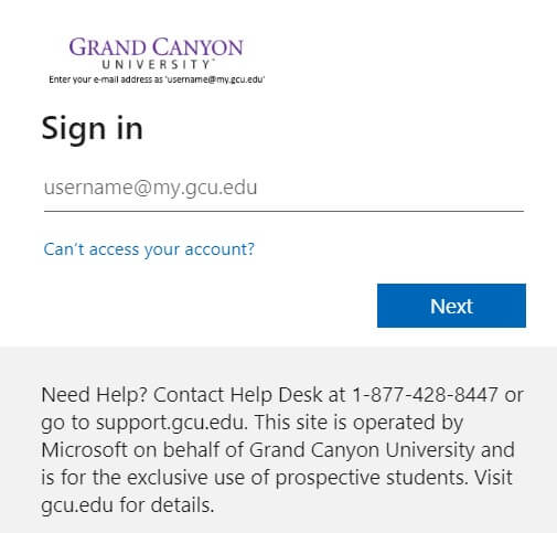 Student Login page on Grand Canyon University website