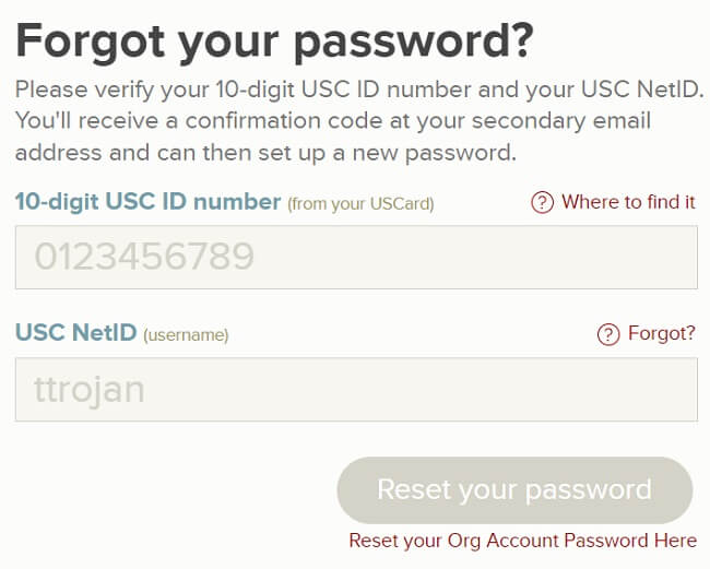 USC NetID password reset page
