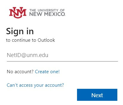 University of New Maxico Email login page