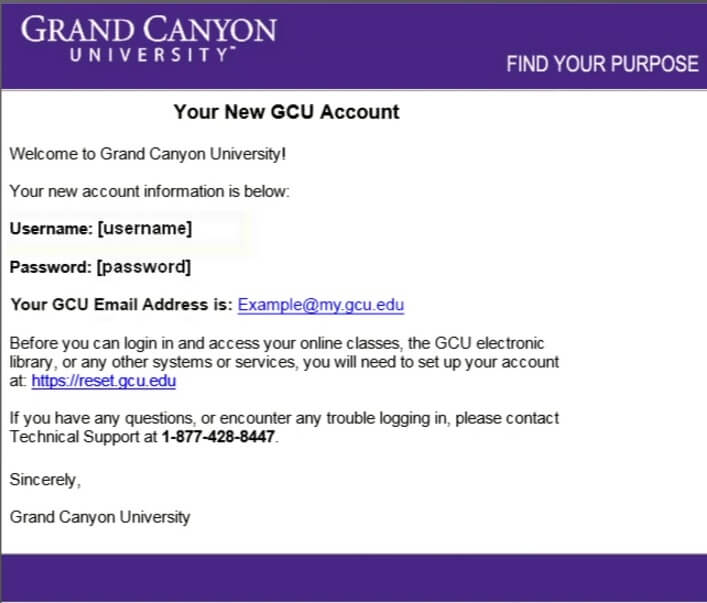 Welcome email from GCU